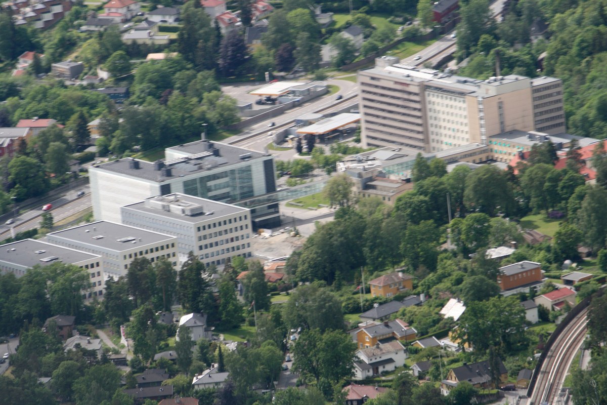 Aerial view of the Radiumhospitalet campus of Oslo University Hospital